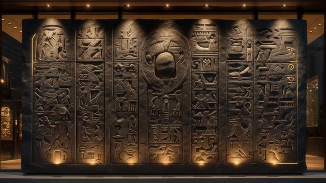Ancient Egyptian hieroglyphs carved on stone wall with dramatic lighting. Archaeological discovery of pharaoh's tomb. Historical artifact in museum exhibit.