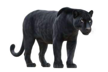 Majestic black panther standing with intense gaze in natural setting, cut out