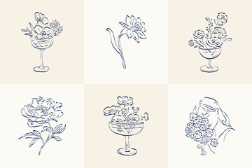 Botanical, Minimal plant flower, hand drawn sketch drawing,  vector illustration