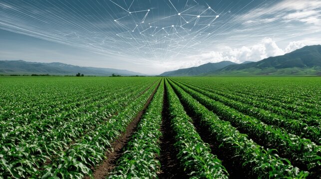 Lush Green Fields under a Technology-Influenced Sky