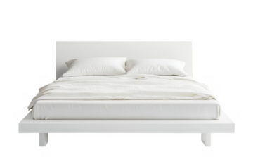 Minimalist modern white bed with pillows and clean white bedding against transparent background