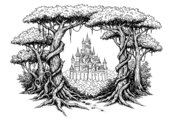 Fotobehang Sprookjeswereld Enchanting fairytale castle nestled between ancient trees, evoking fantasy, wonder, and a sense of adventure, perfect for children's books and whimsical designs  © irawan