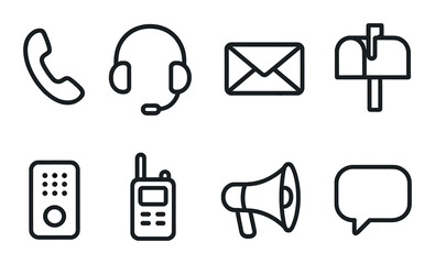 Communication icons set: phone, headset, email, mailbox, intercom, radio, megaphone, chat
