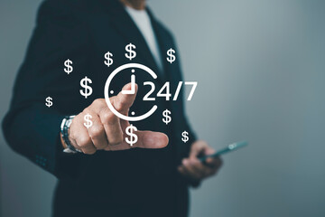 Businessman pointing 24/7 clock symbol with dollar signs, concept of online business, financial growth, passive income and digital economy working anytime anywhere for success.