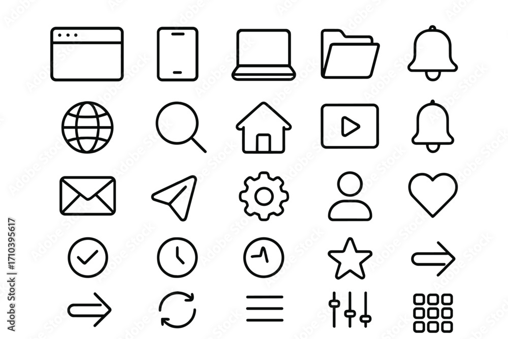 Aufkleber web and mobile app interface line icon set. minimalist outline pictograms for website design. includ