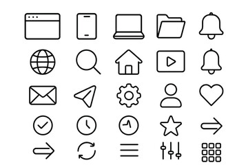 Web and mobile app interface line icon set. Minimalist outline pictograms for website design. Includes home, search, mail, like, and share symbols. Editable stroke vector.