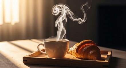 Steaming coffee and croissant on wooden tray in warm morning light, cinematic composition with rising steam for daily charm, blank right for text, high-quality studio image for year-round lifestyle co