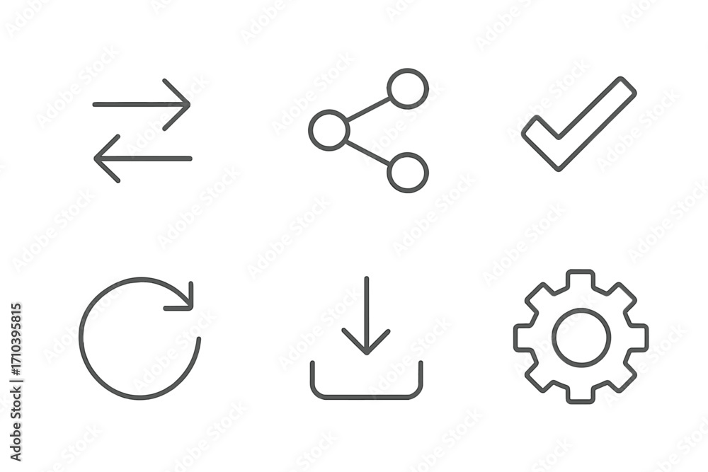 Aufkleber set of essential web interface line icons. includes share, transfer, check, reload, download, and se