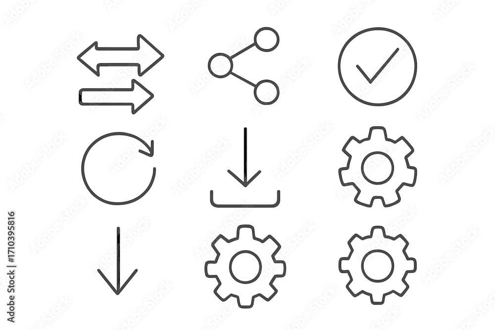 Aufkleber line icon set for ui ux. arrows, share, check, refresh, download, settings icons. thin line symbol c