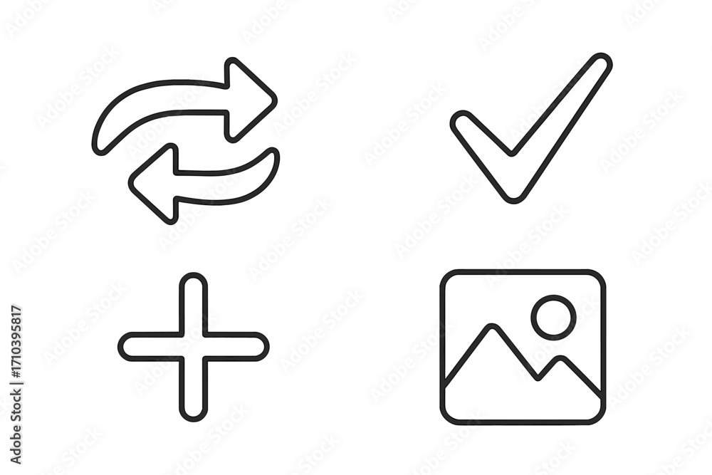 Fototapete ui ux line icon set. repeat arrows, checkmark tick, plus add symbol, picture gallery icon. vector co