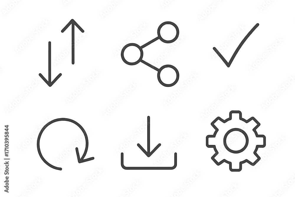 Aufkleber web & app line icon set. essential user interface pictograms for navigation & actions. includes shar