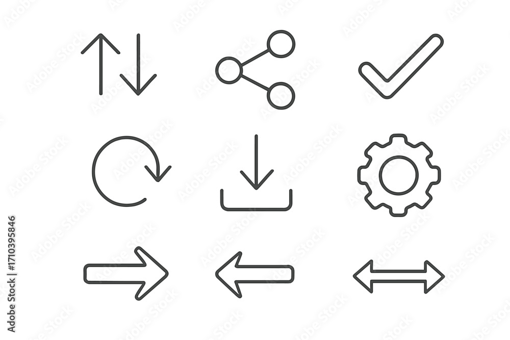 Poster thin line icon set for navigation and ui. arrows, share, checkmark, download, settings, refresh symb