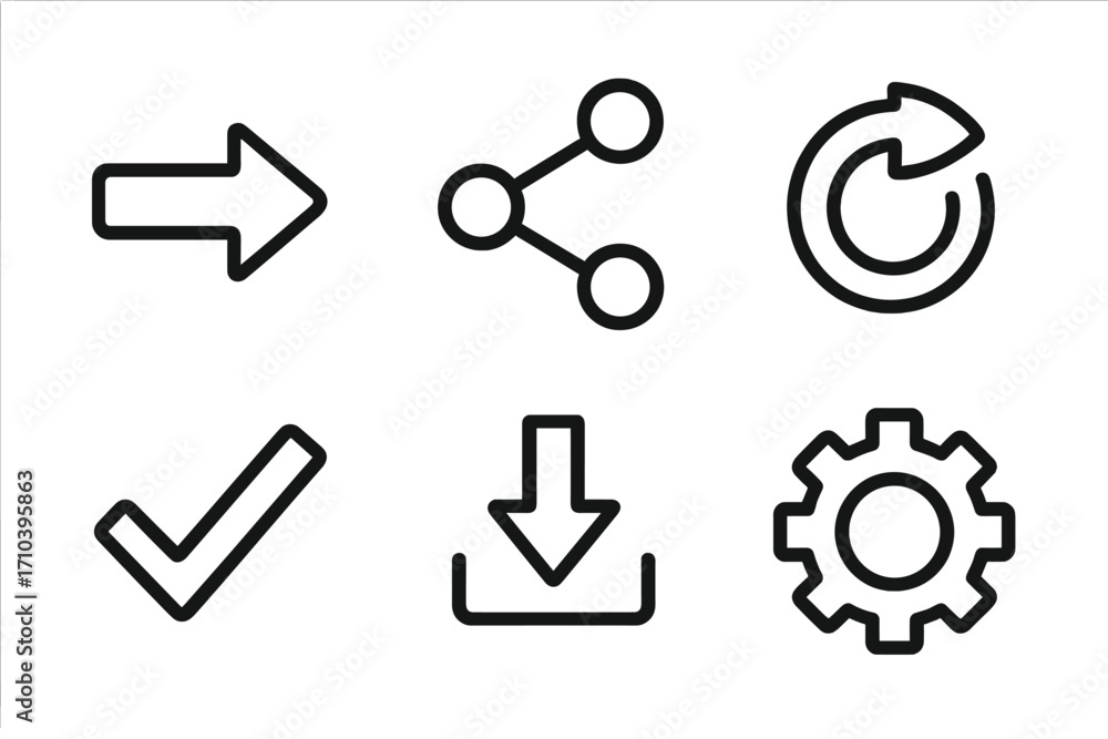 Fototapete vector line icon set for user interface design. essential ui ux symbols like share, download, settin