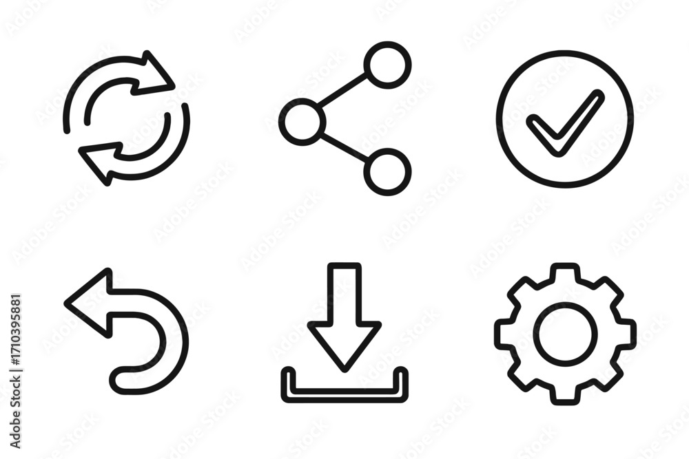 Aufkleber web ui icon set with editable stroke. essential icons for apps: refresh, share, checkmark, back arro