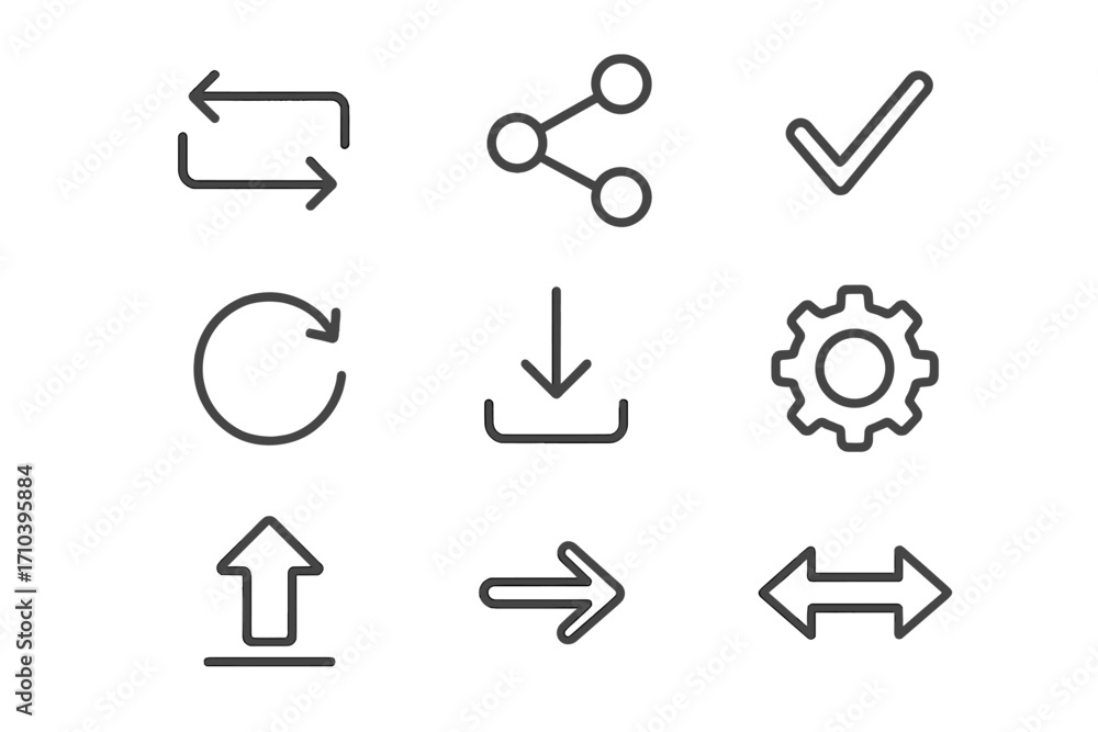 Fototapete web and app icon pack. thin line icons collection with share, download, upload, settings, refresh, c