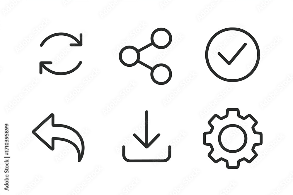Fototapete web & app ui icon set. refresh, share, check, back, download, settings. vector line icons for user i