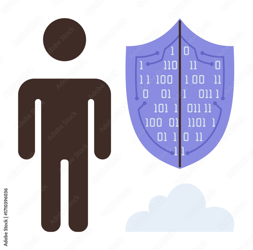 Poster person silhouette stands beside shield with binary code, symbolizing cybersecurity and cloud data pr