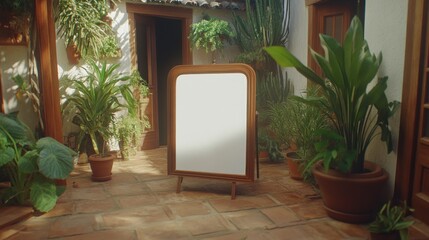 Serene Courtyard Scene with Blank Wooden Framed Sign and Lush Potted Plants