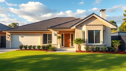 Charming Australian-style suburban home with a manicured lawn, bathed in natural daylight under a soft cloudy sky.