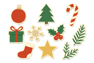 Christmas torn paper elements set. Holiday icons with halftone effect. Xmas sticker collection. Greeting card or collage decoration. Vector tree, gift, star, holly, candy cane.