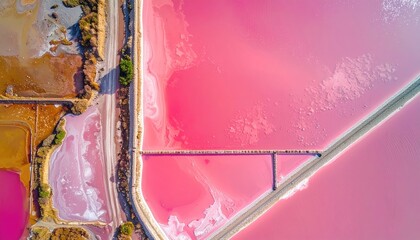 Aerial View of Pink Salt Lake with Pier and Earthy Tones Cinematic Landscape Photography