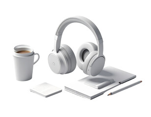  Minimalist 3D Wireless Headset with Mic beside Coffee Cup and Notebook Flat Lay, isolated on transparent background PNG