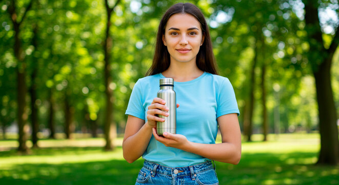 Young man with metal water bottle in park
