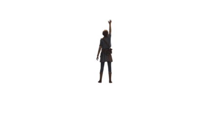 A lone figure stands with arm raised in a gesture of hope or greeting, isolated on transparent background the person is silhouetted against the bright backdrop, creating a sense of mystery and anticip