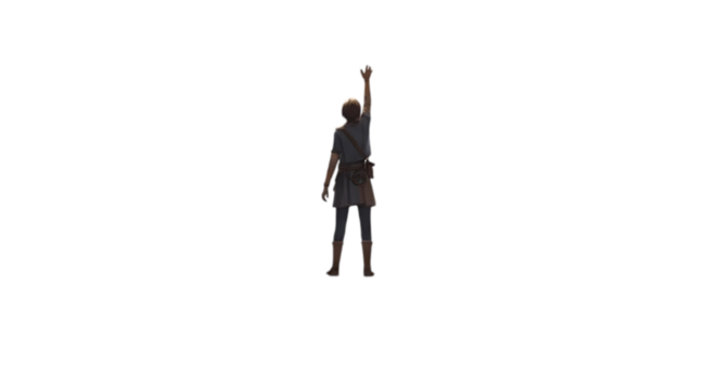 A lone figure stands with arm raised in a gesture of hope or greeting, isolated on transparent background the person is silhouetted against the bright backdrop, creating a sense of mystery and anticip
