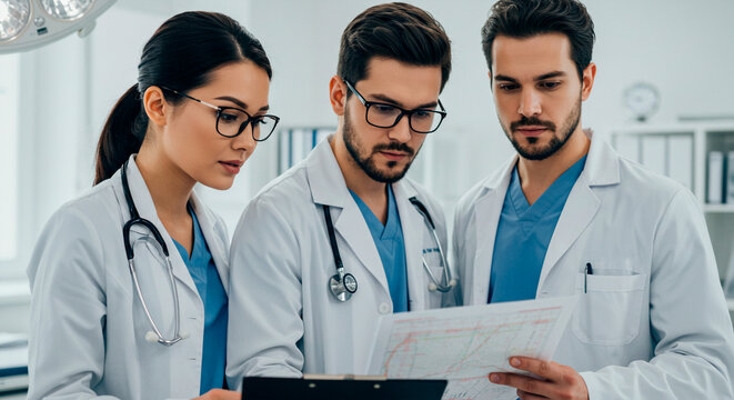 Serious doctors discussing a patient's medical record or test results