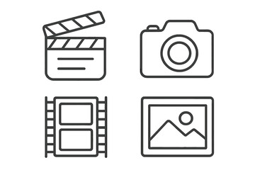 Movie and photography line icon set with editable stroke. Includes clapperboard, cinema film strip, camera, and picture gallery symbols. Vector outline pictograms for web and app design.