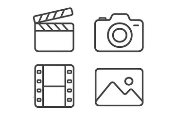 Cinema and photo line icon set. Clapperboard, camera, film strip, and picture icons. Movie production, photography, and video concept. Minimal vector pictogram with editable stroke.