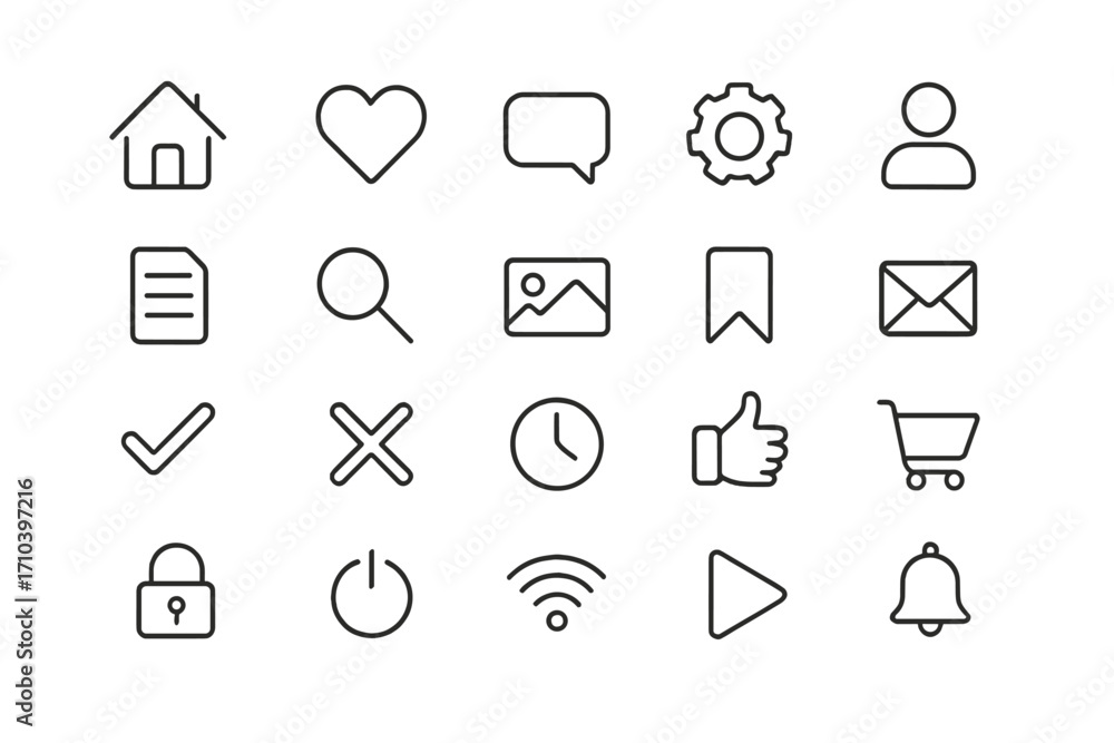 Poster universal line icon set for web and mobile apps. collection of user interface outline symbols like h