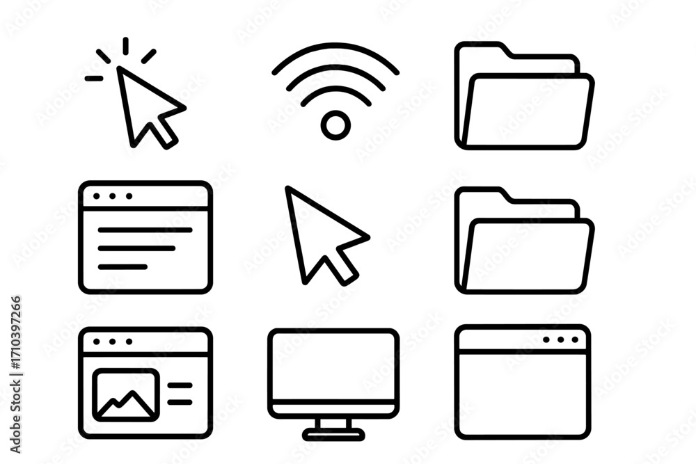 Poster computer desktop line icon set for ui ux design. modern thin line vector icons for websites, apps, a