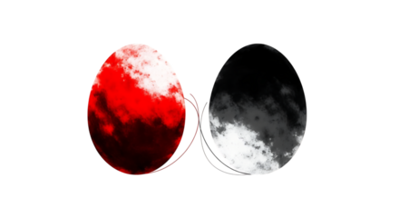 Two easter eggs, one red and one black, are connected by a dotted line, isolated on transparent background the red egg has a cloudy texture, while the black egg has a smoky texture, creating a unique 