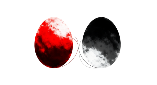 Two easter eggs, one red and one black, are connected by a dotted line, isolated on transparent background the red egg has a cloudy texture, while the black egg has a smoky texture, creating a unique 