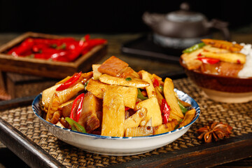Stir-Fried Fresh Bamboo Shoots with Bacon and Peppers - Traditional Asian Cuisine