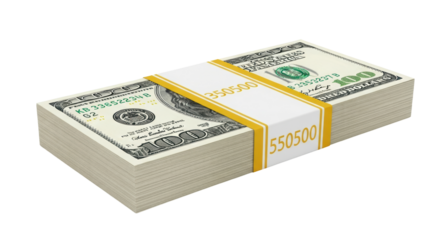 Isolated large stack of hundred-dollar bills banded together; money savings, fortune, financial success