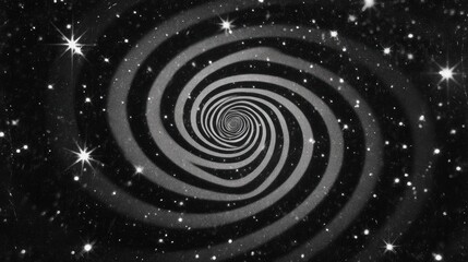 A mesmerizing grayscale spiral vortex against a starry backdrop, creating a sense of depth and cosmic wonder.  The spiral's bands subtly vary in shade, drawing the eye inwards