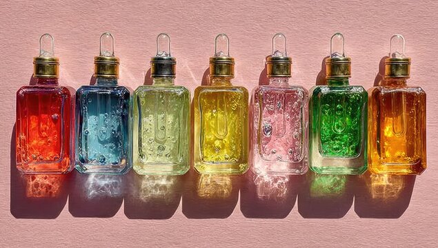 Eight small, rectangular glass bottles of colorful, translucent liquids, each with a dropper top, arranged in a horizontal row against a soft pink backdrop.  Sunlight casts shadows