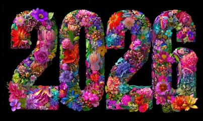 Vibrant floral arrangement forming the numerals '2026' against a black backdrop.  Each digit is densely packed with various flower types and colors creating a rich, textured effect