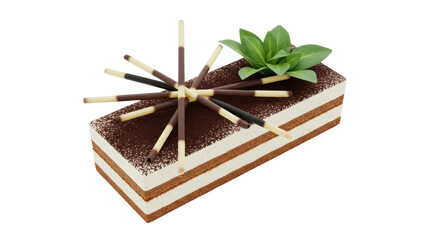 Isolated rectangular tiramisu cake topped with chocolate sticks and plant decoration on top