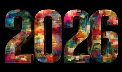 A vibrant, three-dimensional rendering of "2026" formed from colorful, abstract, textured blocks against a black background