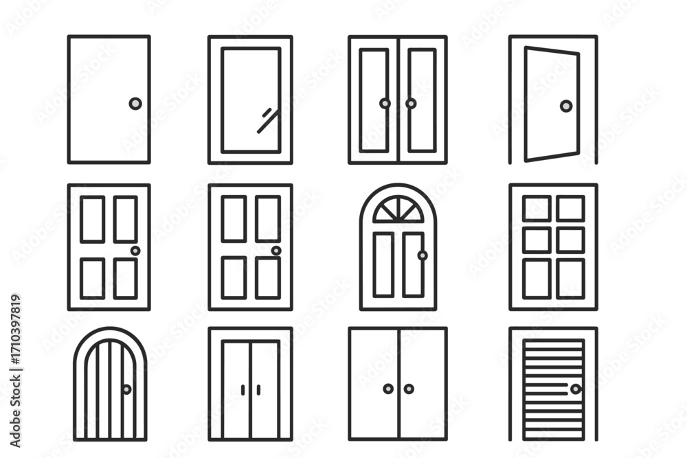 Fototapete door icon set collection of various entrance and exit symbols. thin line art pictogram pack for web 