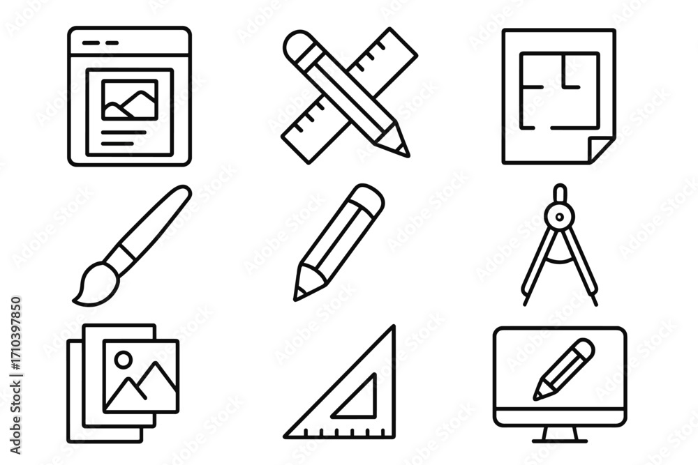 Poster design and drafting icon set. vector collection of thin line symbols for architecture, graphic desig