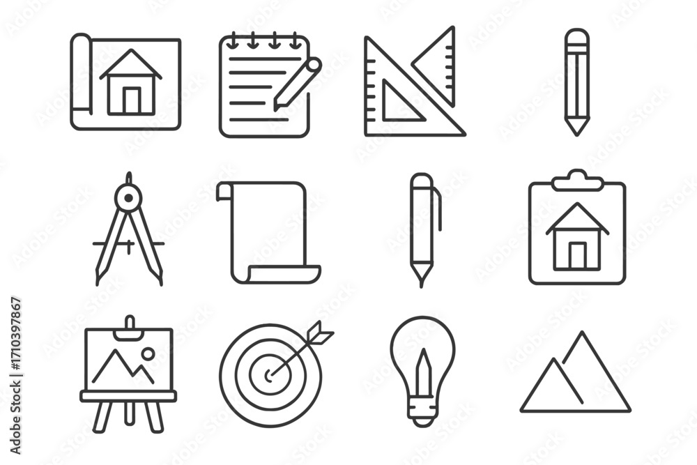 Aufkleber drafting and drawing thin line icon set. creative process, project planning and architecture concept