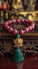Deep crimson beaded bracelet with gold lotus charm and teal tassel, displayed on ornate wooden box against a blurred background of golden statues