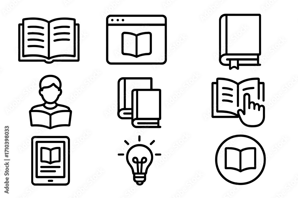 Poster book and reading line icon set with editable stroke. outline vector symbols for education, e-learnin