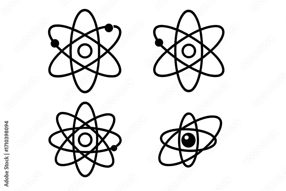 Poster atom icon collection. science symbols for physics and chemistry education. vector atomic structure w
