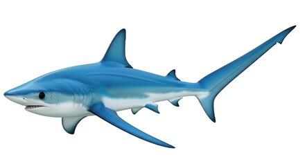 Isolated thresher shark close-up view, ocean predator with large eyes and long tail fin